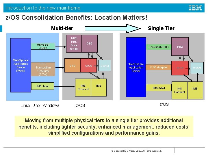 Introduction to the new mainframe z/OS Consolidation Benefits: Location Matters! Single Tier Multi-tier Universal