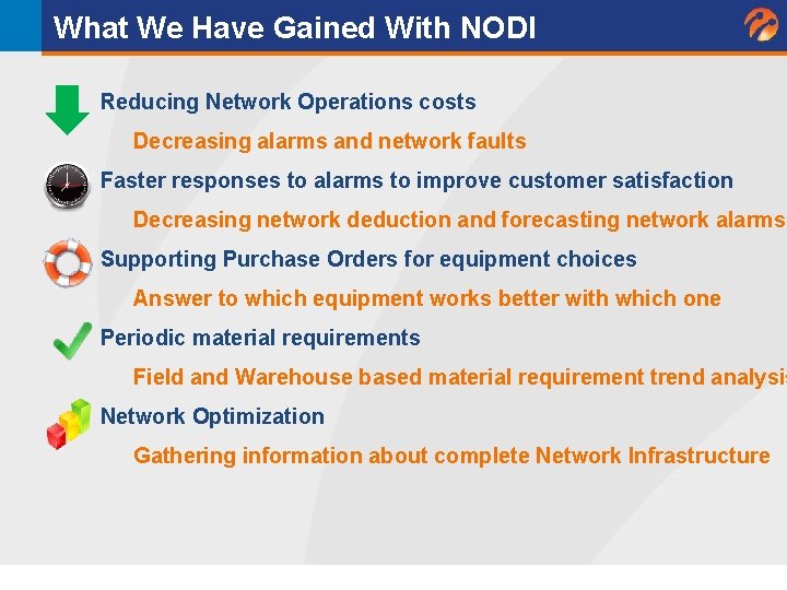 What We Have Gained With NODI Reducing Network Operations costs Decreasing alarms and network What We Have Gained With NODI Reducing Network Operations costs Decreasing alarms and network