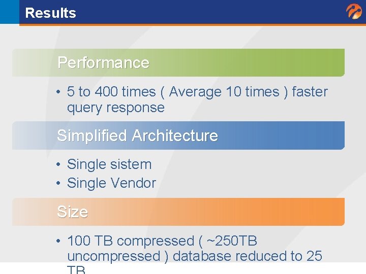 Results Performance • 5 to 400 times ( Average 10 times ) faster query Results Performance • 5 to 400 times ( Average 10 times ) faster query