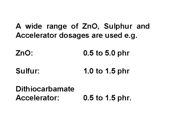 A wide range of Zn. O, Sulphur and Accelerator dosages are used e. g.