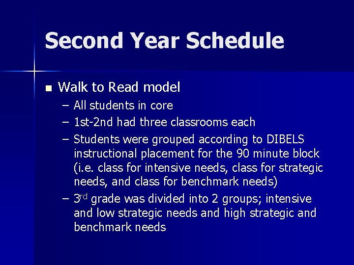 Second Year Schedule n Walk to Read model – – – All students in