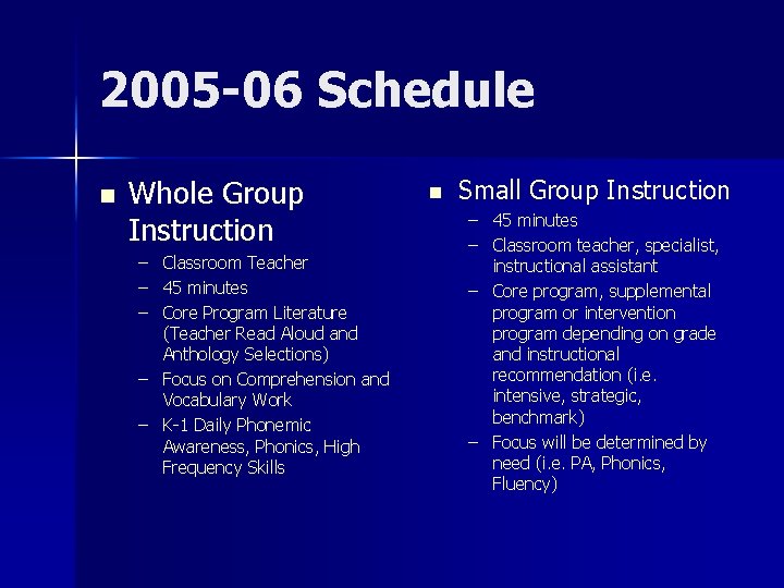 2005 -06 Schedule n Whole Group Instruction – Classroom Teacher – 45 minutes –