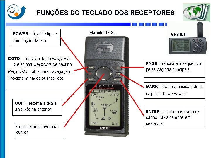 FUNÇÕES DO TECLADO DOS RECEPTORES POWER – liga/desliga e Garmim 12 XL GPS II,