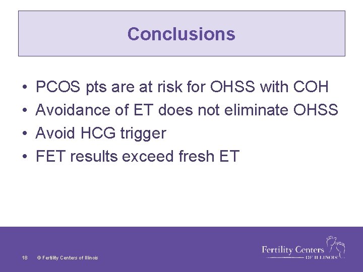 Conclusions • • 18 PCOS pts are at risk for OHSS with COH Avoidance
