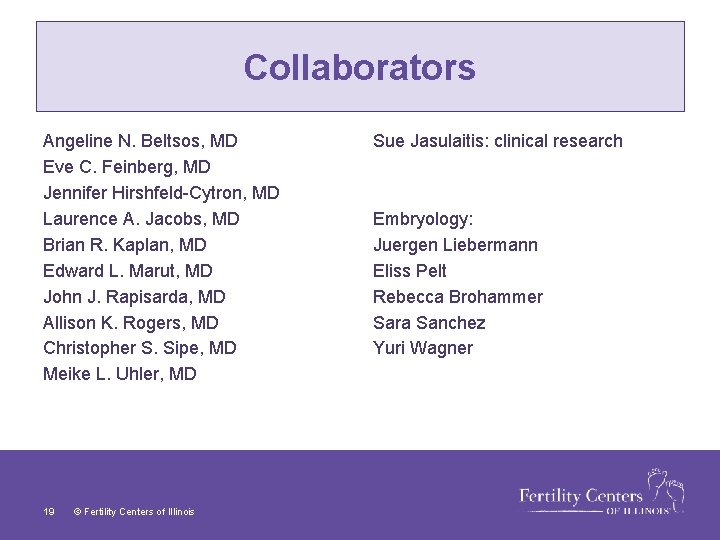 Collaborators Angeline N. Beltsos, MD Eve C. Feinberg, MD Jennifer Hirshfeld-Cytron, MD Laurence A.