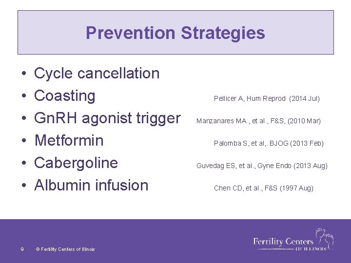 Prevention Strategies • • • 9 Cycle cancellation Coasting Gn. RH agonist trigger Metformin