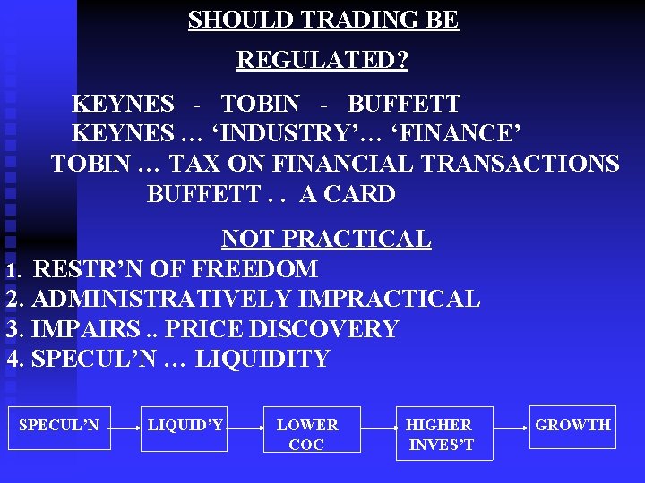 SHOULD TRADING BE REGULATED? KEYNES - TOBIN - BUFFETT KEYNES … ‘INDUSTRY’… ‘FINANCE’ TOBIN
