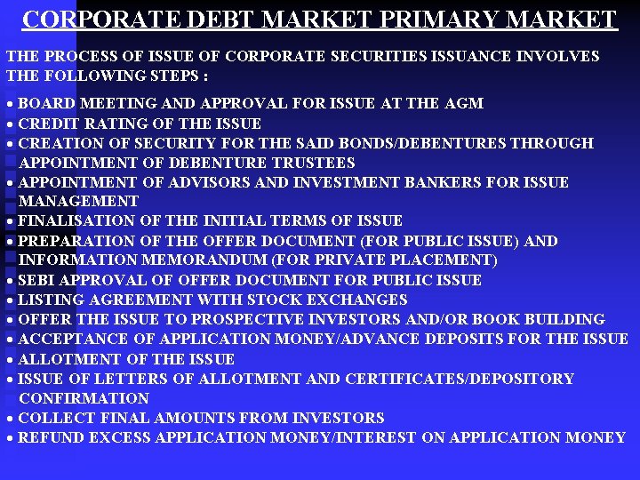 CORPORATE DEBT MARKET PRIMARY MARKET THE PROCESS OF ISSUE OF CORPORATE SECURITIES ISSUANCE INVOLVES