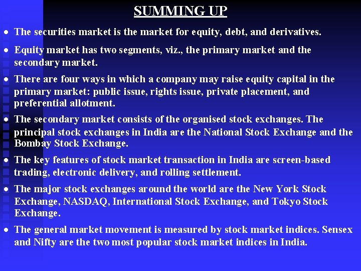 SUMMING UP · The securities market is the market for equity, debt, and derivatives.
