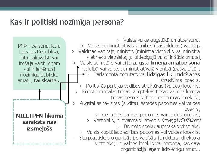 Kas ir politiski nozīmīga persona? PNP - persona, kura Latvijas Republikā, citā dalībvalstī vai