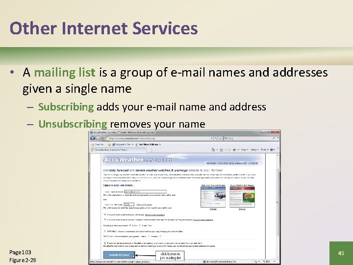 Other Internet Services • A mailing list is a group of e-mail names and