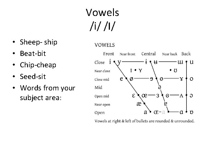 Vowels /i/ /I/ • • • Sheep- ship Beat-bit Chip-cheap Seed-sit Words from your