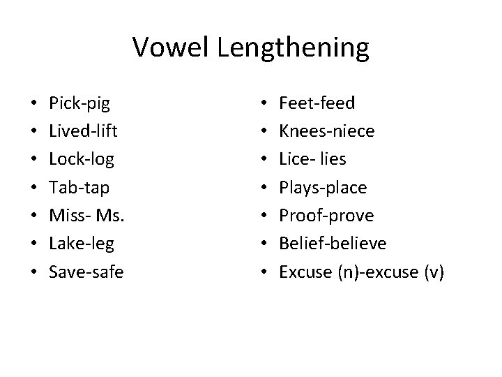 Vowel Lengthening • • Pick-pig Lived-lift Lock-log Tab-tap Miss- Ms. Lake-leg Save-safe • •