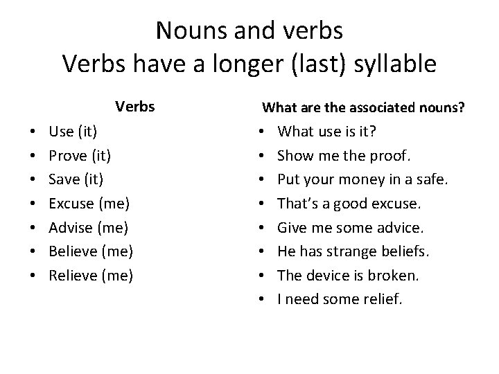 Nouns and verbs Verbs have a longer (last) syllable Verbs • • Use (it)
