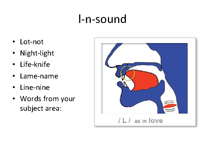 l-n-sound • • • Lot-not Night-light Life-knife Lame-name Line-nine Words from your subject area: