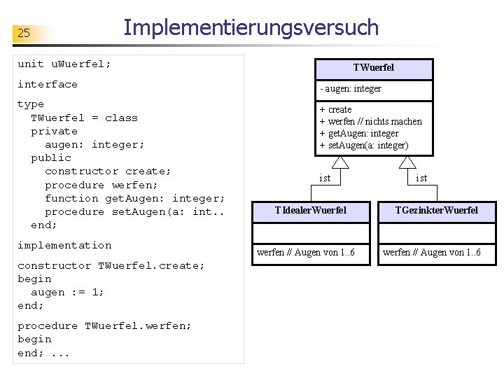 25 Implementierungsversuch unit u. Wuerfel; interface type TWuerfel = class private augen: integer; public