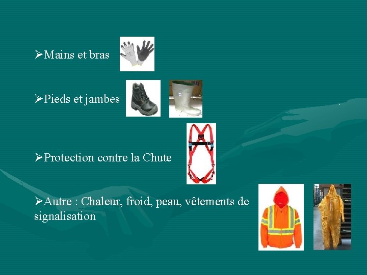 ØMains et bras ØPieds et jambes ØProtection contre la Chute ØAutre : Chaleur, froid,