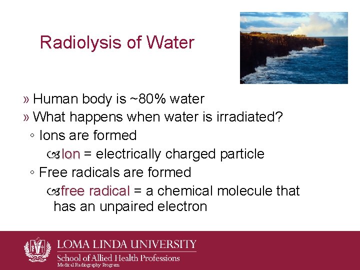 Radiolysis of Water » Human body is ~80% water » What happens when water Radiolysis of Water » Human body is ~80% water » What happens when water