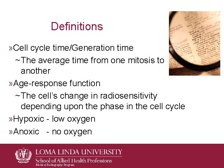 Definitions » Cell cycle time/Generation time ~ The average time from one mitosis to Definitions » Cell cycle time/Generation time ~ The average time from one mitosis to