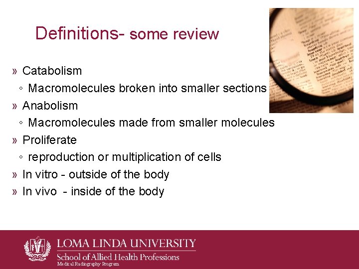Definitions- some review » Catabolism ◦ Macromolecules broken into smaller sections » Anabolism ◦ Definitions- some review » Catabolism ◦ Macromolecules broken into smaller sections » Anabolism ◦