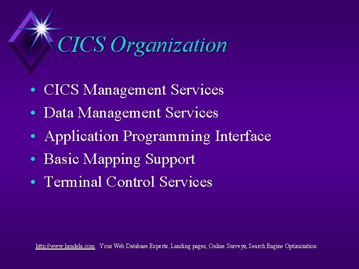 CICS Organization • • • CICS Management Services Data Management Services Application Programming Interface CICS Organization • • • CICS Management Services Data Management Services Application Programming Interface