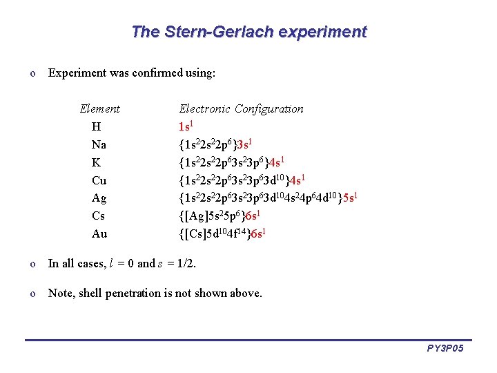The Stern-Gerlach experiment o Experiment was confirmed using: Element H Na K Cu Ag