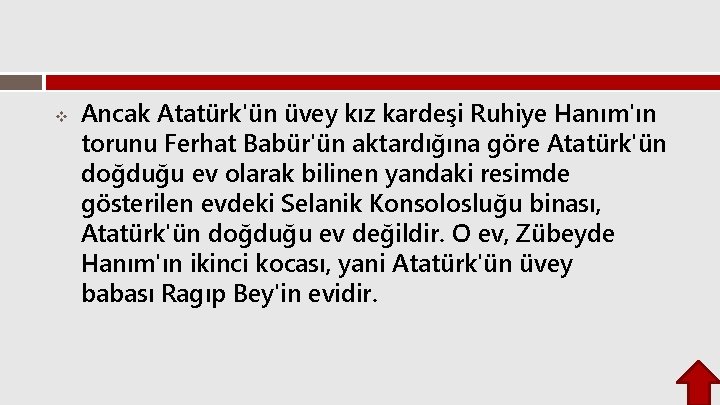 v Ancak Atatürk'ün üvey kız kardeşi Ruhiye Hanım'ın torunu Ferhat Babür'ün aktardığına göre Atatürk'ün