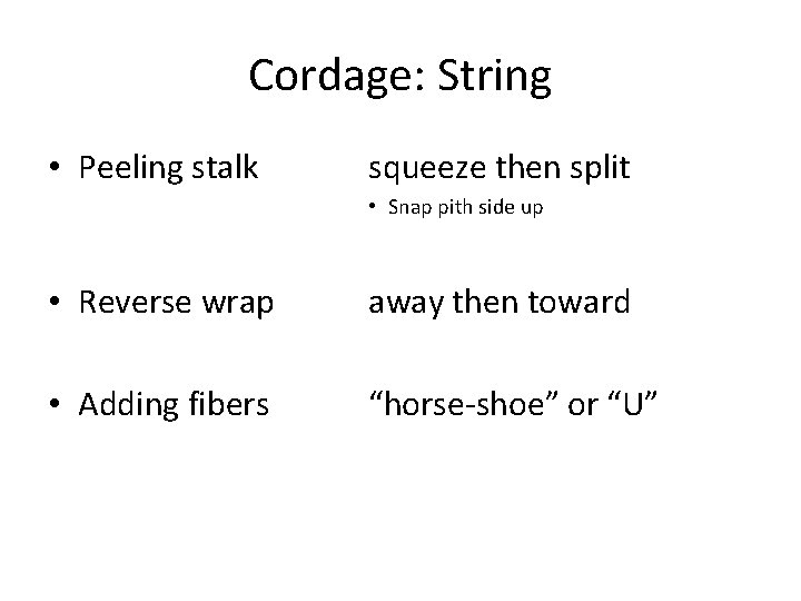 Cordage: String • Peeling stalk squeeze then split • Snap pith side up •