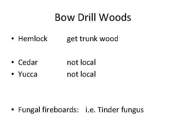Bow Drill Woods • Hemlock get trunk wood • Cedar • Yucca not local