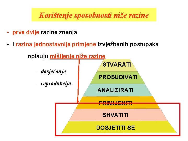 Korištenje sposobnosti niže razine • prve dvije razine znanja • i razina jednostavnije primjene