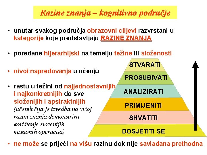 Razine znanja – kognitivno područje • unutar svakog područja obrazovni ciljevi razvrstani u kategorije