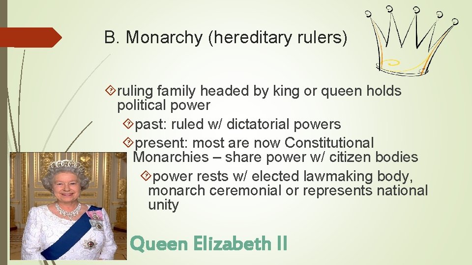 B. Monarchy (hereditary rulers) ruling family headed by king or queen holds political power B. Monarchy (hereditary rulers) ruling family headed by king or queen holds political power