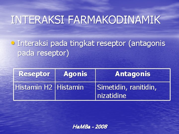 INTERAKSI FARMAKODINAMIK • Interaksi pada tingkat reseptor (antagonis pada reseptor) Reseptor Agonis Histamin H
