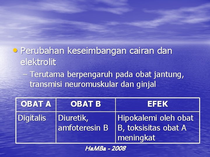  • Perubahan keseimbangan cairan dan elektrolit – Terutama berpengaruh pada obat jantung, transmisi