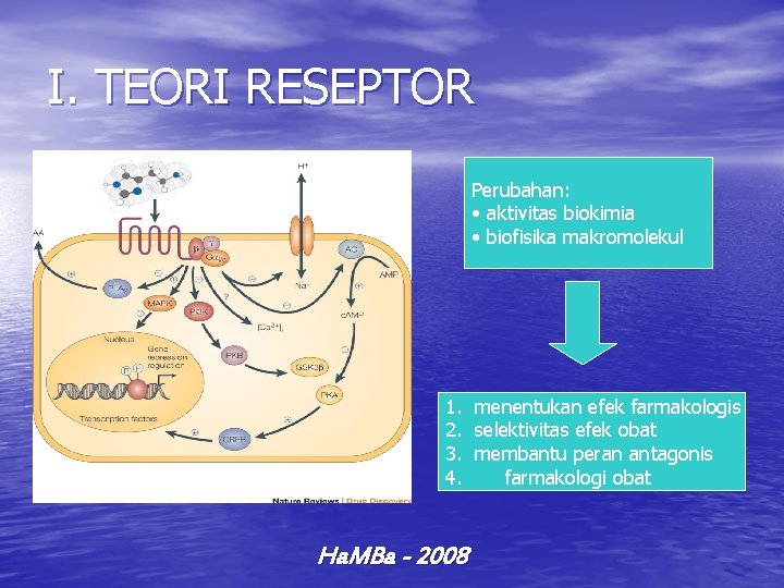 I. TEORI RESEPTOR Perubahan: • aktivitas biokimia • biofisika makromolekul DRUG RECEPTOR 1. menentukan