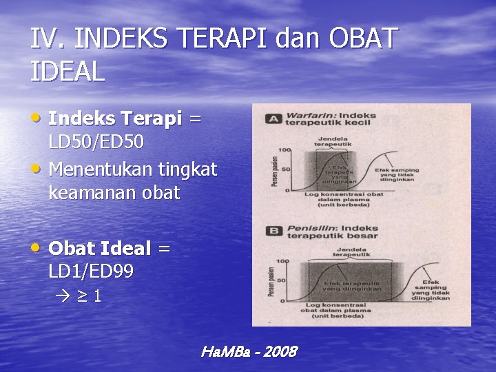 IV. INDEKS TERAPI dan OBAT IDEAL • Indeks Terapi = • LD 50/ED 50