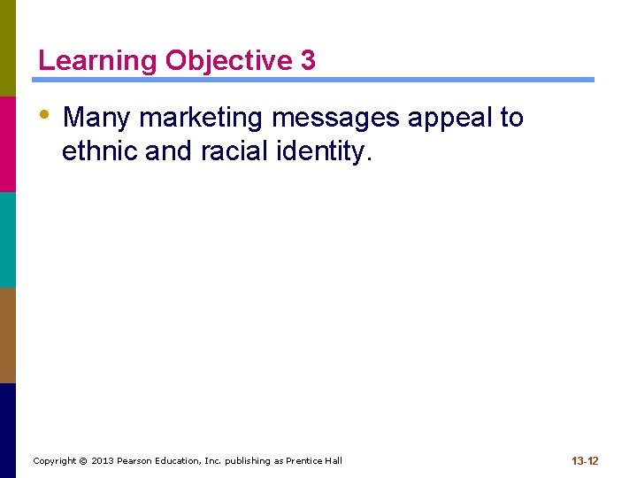 Learning Objective 3 • Many marketing messages appeal to ethnic and racial identity. Copyright