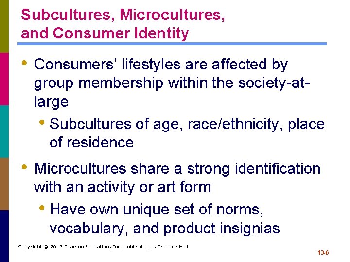 Subcultures, Microcultures, and Consumer Identity • Consumers’ lifestyles are affected by group membership within