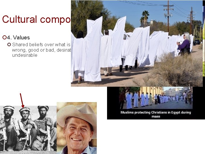 Cultural components ¡ 4. Values ¡ Shared beliefs over what is right and wrong,