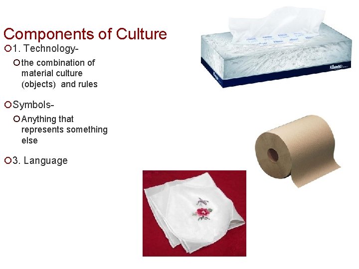 Components of Culture ¡ 1. Technology- ¡ the combination of material culture (objects) and