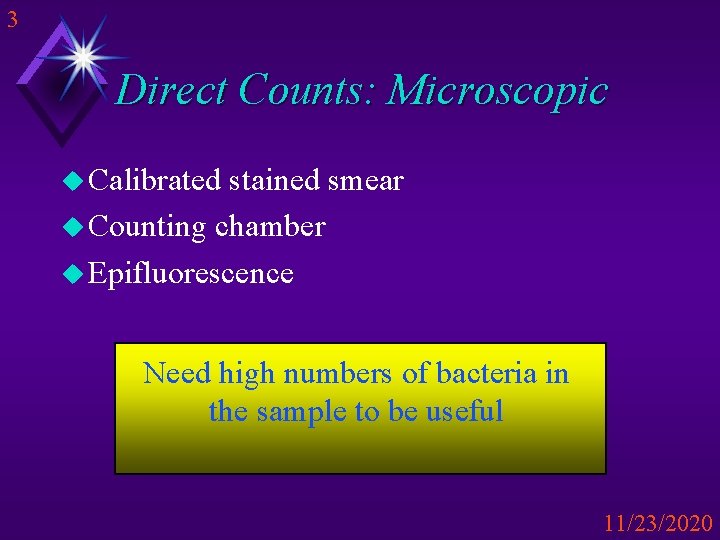 3 Direct Counts: Microscopic u Calibrated stained smear u Counting chamber u Epifluorescence Need