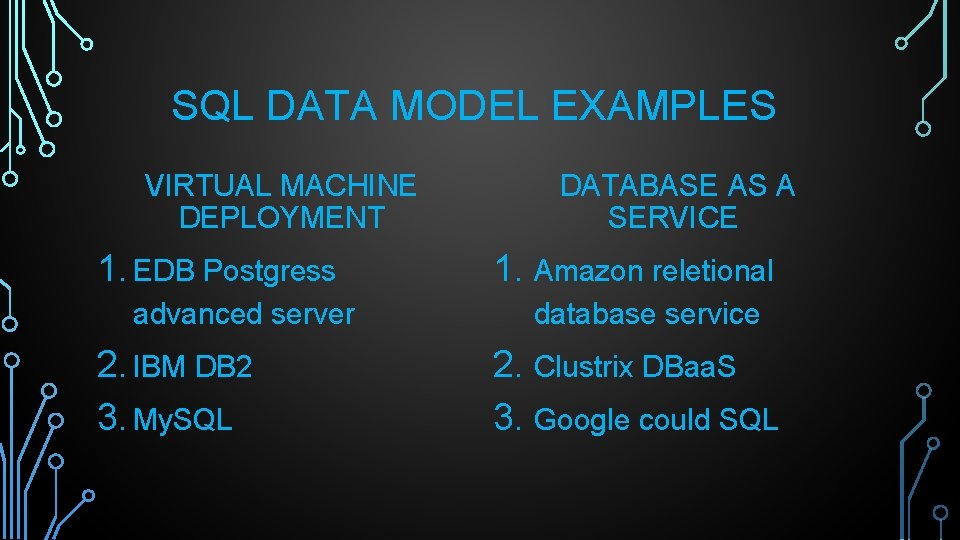 SQL DATA MODEL EXAMPLES VIRTUAL MACHINE DEPLOYMENT 1. EDB Postgress advanced server 2. IBM