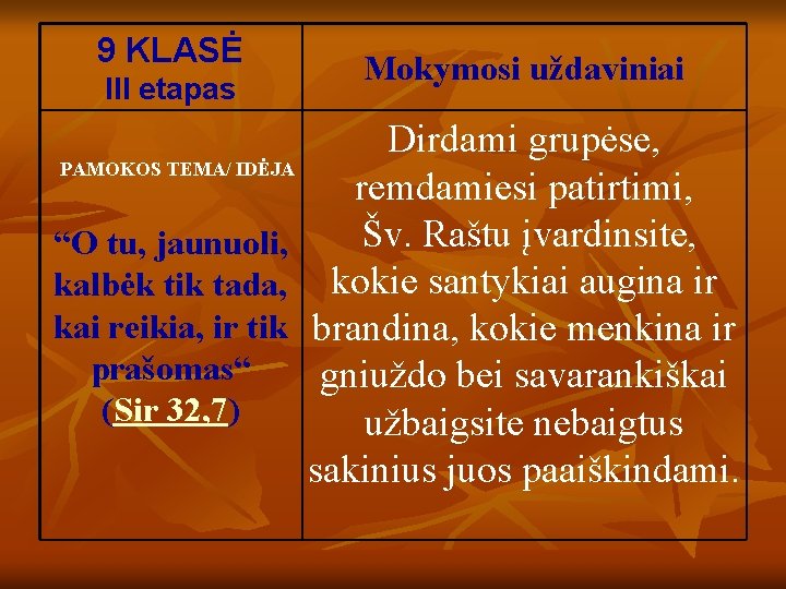 9 KLASĖ III etapas Mokymosi uždaviniai Dirdami grupėse, PAMOKOS TEMA/ IDĖJA remdamiesi patirtimi, Šv.