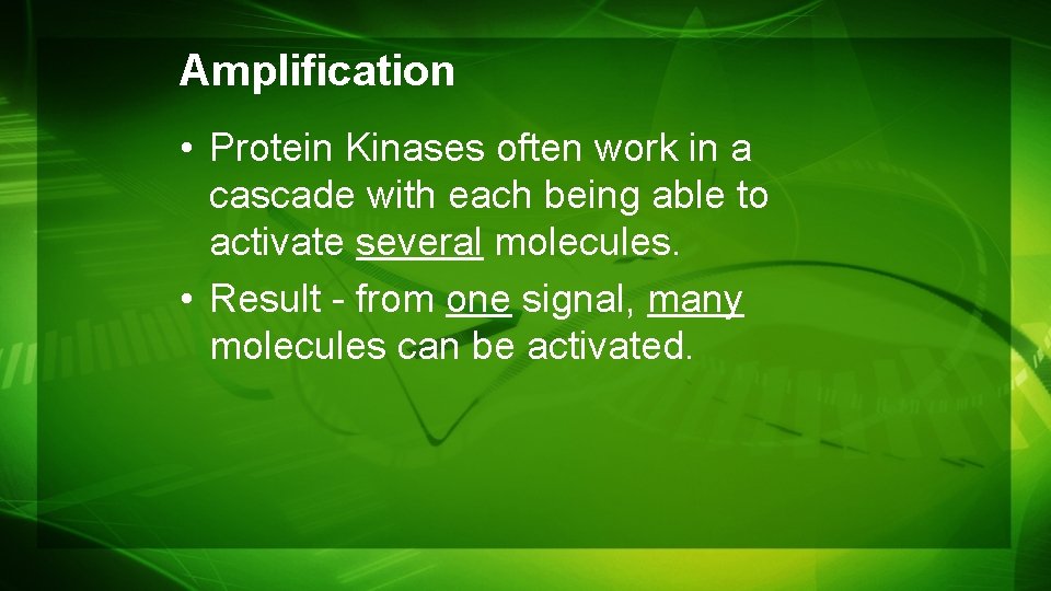 Amplification • Protein Kinases often work in a cascade with each being able to Amplification • Protein Kinases often work in a cascade with each being able to