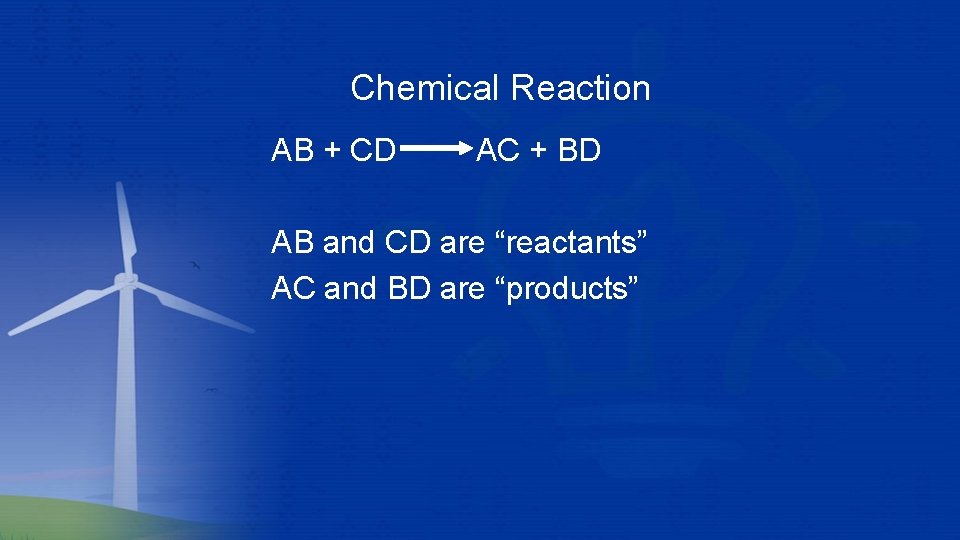 Chemical Reaction AB + CD AC + BD AB and CD are “reactants” AC Chemical Reaction AB + CD AC + BD AB and CD are “reactants” AC