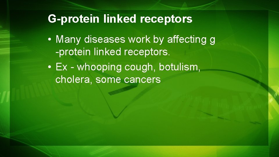 G-protein linked receptors • Many diseases work by affecting g -protein linked receptors. • G-protein linked receptors • Many diseases work by affecting g -protein linked receptors. •