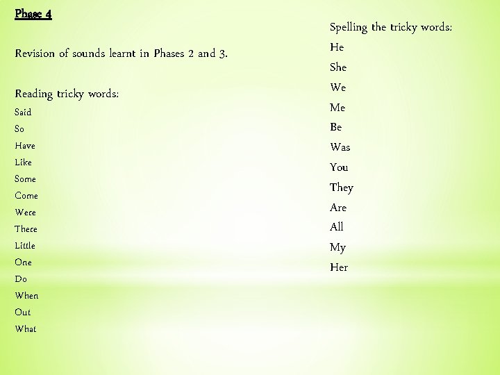 Phase 4 Revision of sounds learnt in Phases 2 and 3. Reading tricky words:
