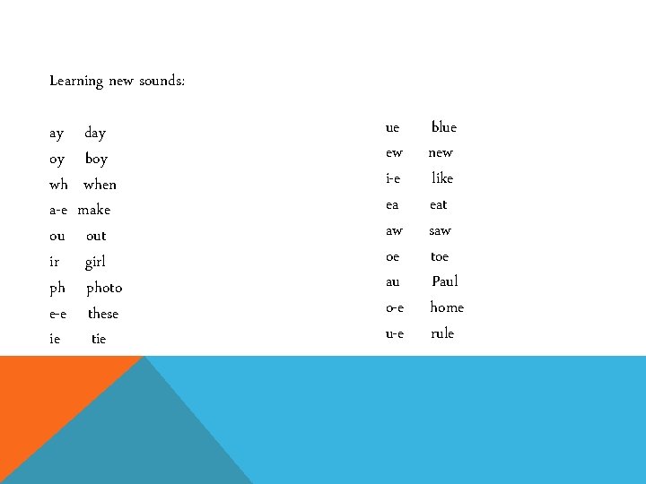 Learning new sounds: ay oy wh a-e ou ir ph e-e ie day boy