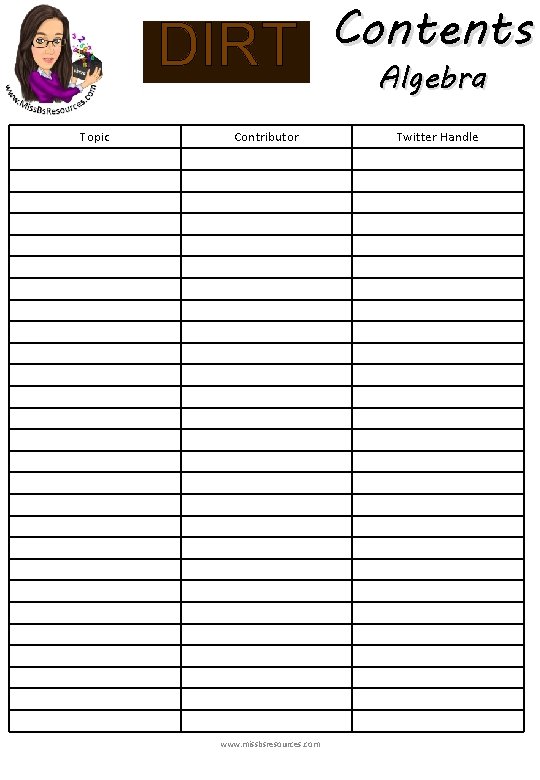 DIRT Topic Contributor www. missbsresources. com Contents Algebra Twitter Handle 
