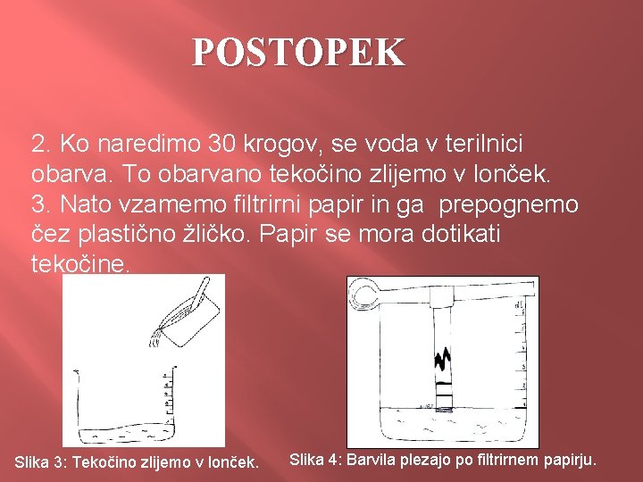 POSTOPEK 2. Ko naredimo 30 krogov, se voda v terilnici obarva. To obarvano tekočino